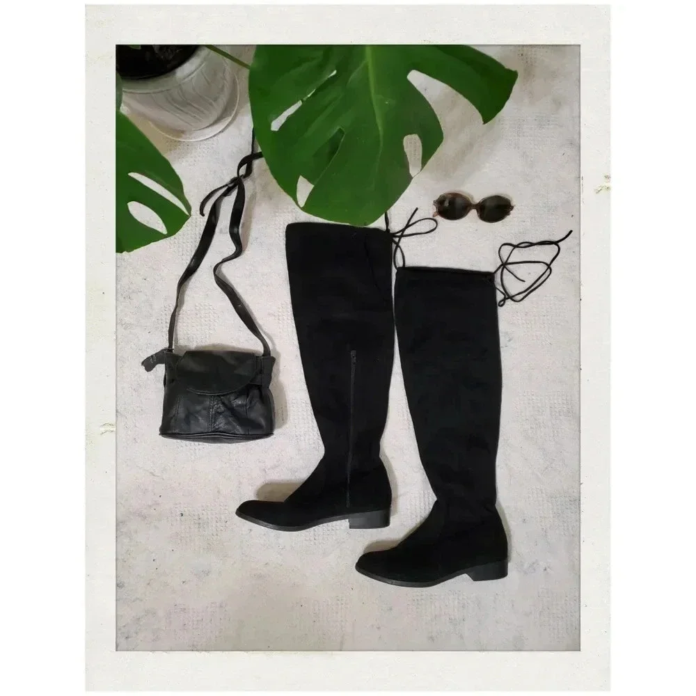 INC | Immanie Over-The-Knee Zippered Tie Slouchy Black Flat 7.5 Boots